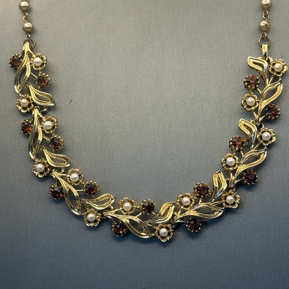 Gold-Tone Floral Necklace with Pearls and Garnet-Style Accents